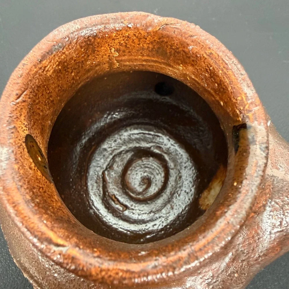 Studio Pottery Handcrafted Brown Glazed Spouted Vessel Signed GL Rustic Decor